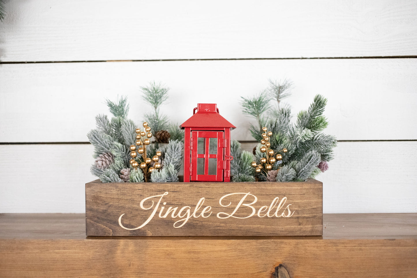 Merry + Bright Christmas Centerpiece, Engraved Wood Box with Christmas