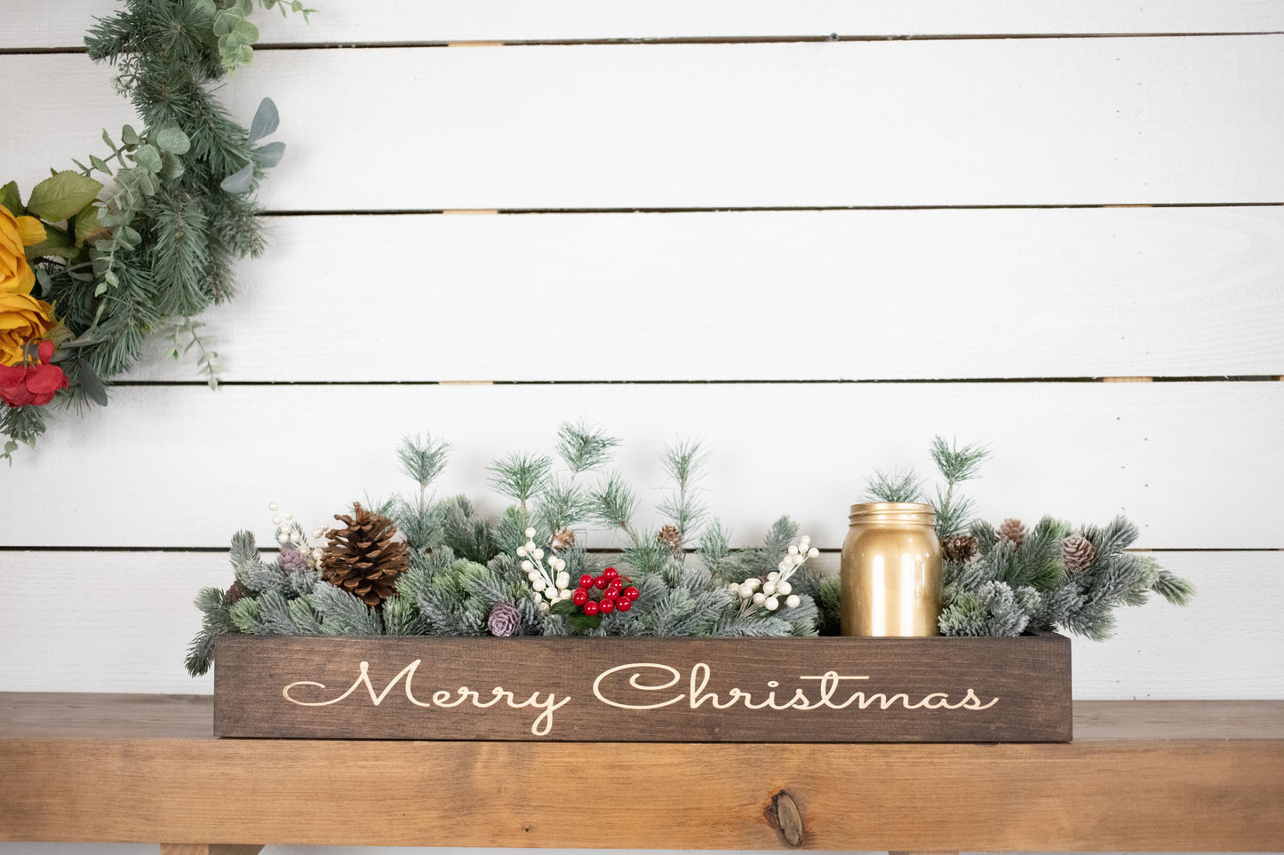 Merry + Bright Christmas Centerpiece, Engraved Wood Box with Christmas