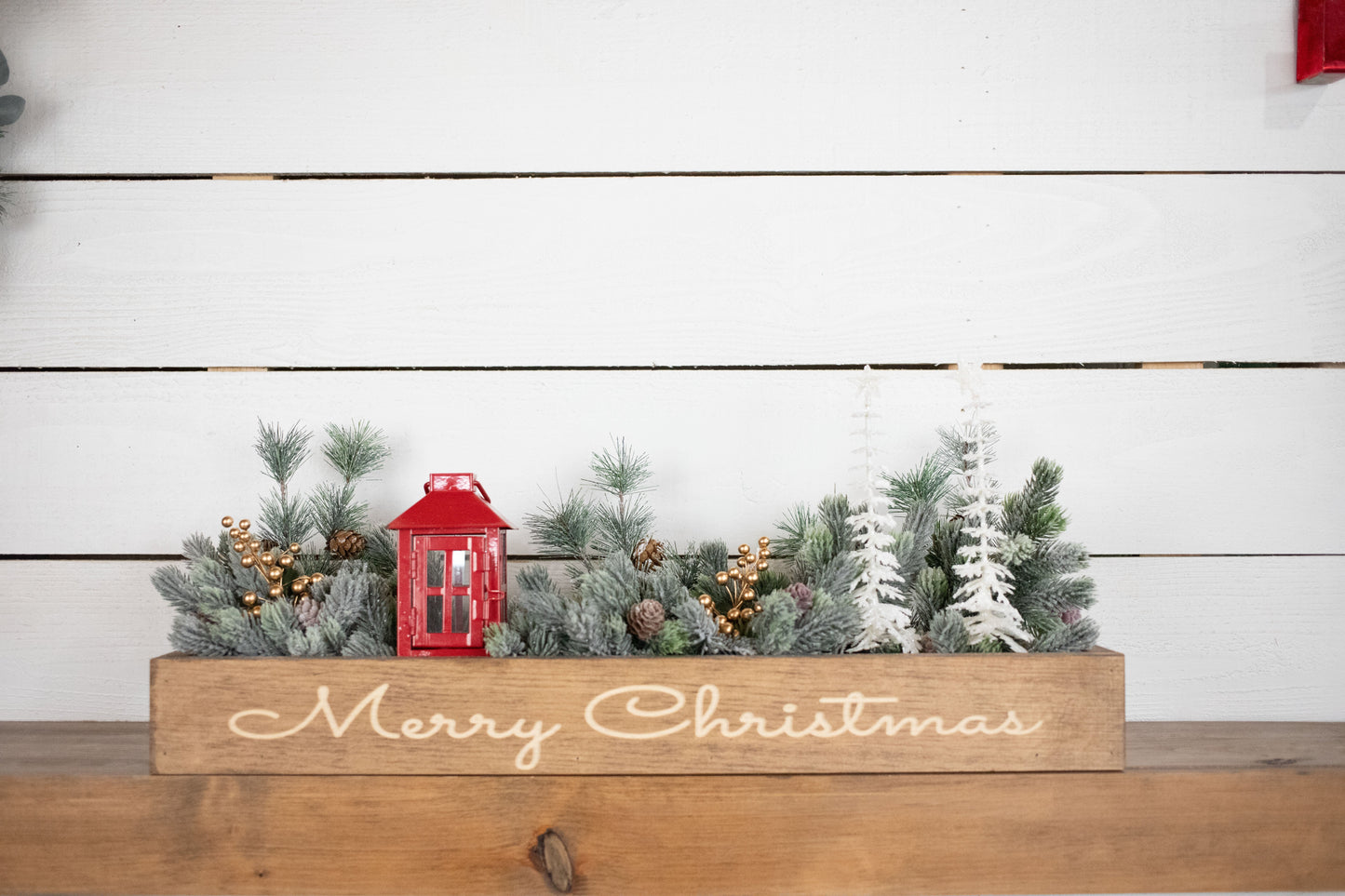 Merry + Bright Christmas Centerpiece, Engraved Wood Box with Christmas