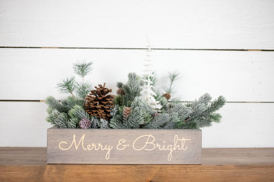 Merry + Bright Christmas Centerpiece, Engraved Wood Box with Christmas