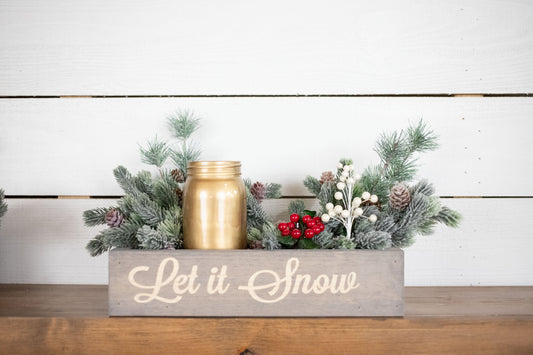 Merry + Bright Christmas Centerpiece, Engraved Wood Box with Christmas
